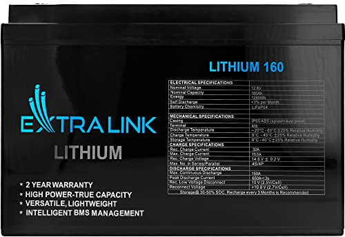 Extralink LiFePO4 160AH Lithium Batterie 12V 160AH Unbeaufsichtigtes BMS kein Memory Effekt LiFePO4 Akku kompakte Größe geringes Gewicht pefekt für Wohnmobil Boot Camping Solaranlage Solar