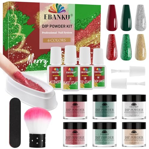 EBANKU 6 Color Nail Glitter Dip Powder Starter Kit with Dip Liquid Set Base/Top Coat Activator Brush Saver System for DIY Manicure