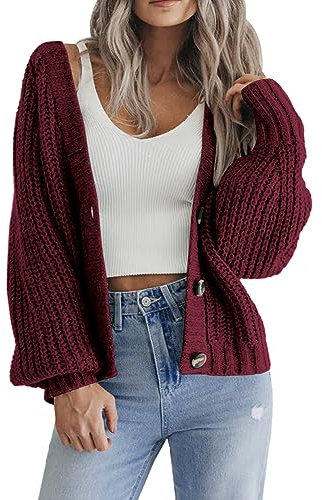Hotouch Cardigan Donna Corto Maglia Grossa Scollo a V con Bottoni Cardigan Unicolor Manica Lunga Giacca da Spalla Natale Rosso Vino Casual L