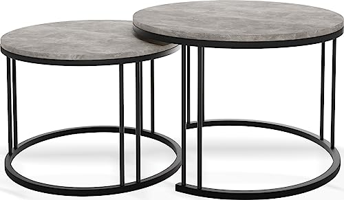 WFL GROUP Runde Satztische Couchtische - Loft-Stil Couchtische mit Metallbeinen - Spacesaver - 2 in 1 - Zwei getrennte Industrie Tische für Wohnzimmer - Beton Grau/Schwarz