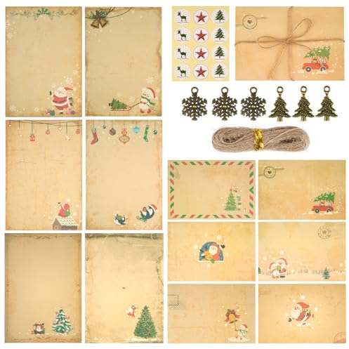 Weihnachts Briefpapier mit Umschlag Set, 12 Blätter Briefpapier Vintage, 6 Weihnachts Briefumschläge, 10m Hanfseilen, 6 Weihnachtszubehör und 12 Aufklebern, zum Schreiben von Geburtstag Weihnachten