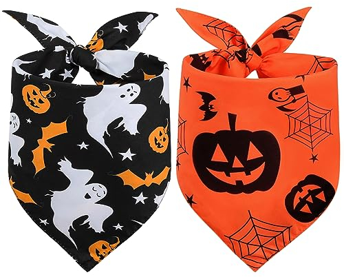 Vivifying Halstuch Hund, 2Pcs Einstellbare Dreieck Hundehalstuch mit Hexe Kürbis-Muster, Hundekostüm Halloween für kleine mittlere große Hunde