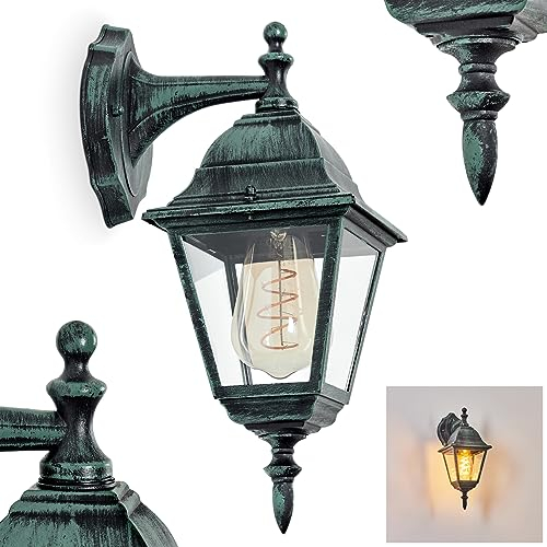 Außenwandleuchte Naofe, Wandlampe abwärts in antikem Look aus Metall/Glas in Schwarz-Grün/Klar, Wandleuchte im klassischen Landhaus-Stil, Außenleuchte für Terrasse, E27, ohne Leuchtmittel, IP44