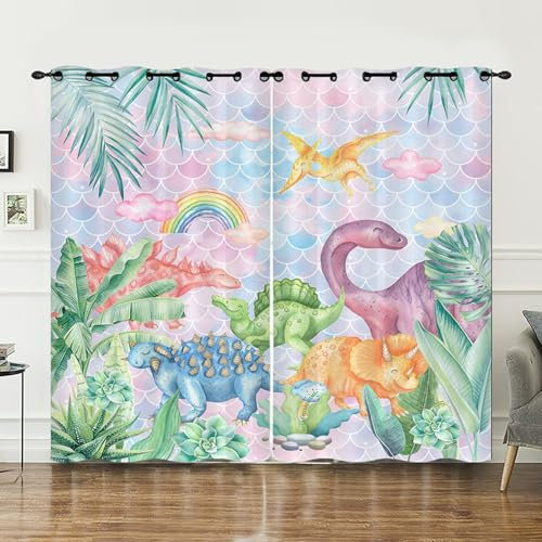 Gardinen Rainbow Cute Dinosaurier Curtain Weich Vorhang Blickdicht mit ösen Living Room Scheibengardinen Schlafzimmer Blackout Vorhang Verdunklungsvorhänge Schallschutz Vorhänge 2x140x240