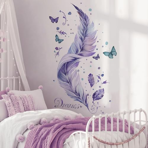 Runtoo Wandtattoo Feder XXL Wandsticker Schmetterling Lila Violett Wandaufkleber Kinderzimmer Babyzimmer Wohnzimmer Schlafzimmer Fenster Wanddeko