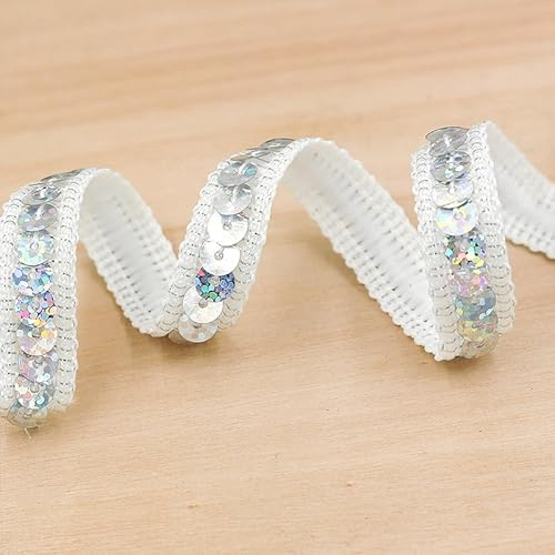 25M * 12mm Paillettenbesatz Applikation Paillettenband Stretch Paillettenbesatz Flache Glitter Stretch Bling Paillette Stoff Paillettenband für DIY Handwerk, Tanzbekleidung Dekorationen -Bunt Silber