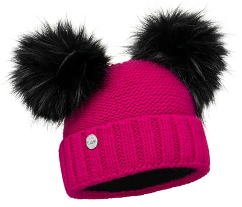 ELIMELI Winter Damen Mütze mit Zwei Bommeln - warme Wintermütze mit kunstfell Bommel - Slouch Beanie Damen - Bommelmütze für Damen - Fleece gefütterte Damenmütze (Fuchsia)
