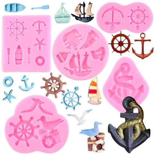 RFGHAC Anker und Ruder Fondant Formen Möwe Segelboot Haken Silikonform Seeruder Rettungsring Süßigkeitenform für Kuchendekoration Cupcake Schokolade Süßigkeiten Gummipaste Basteln Polymer Clay 5 Stück