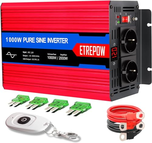 ETREPOW Inversor 12V 220v Onda Pura 1000W/2000W Convertidor de Voltaje con 2 Tomas UE y un USB de 2,1A, Mando a Distancia Inalámbrico, Pantalla Digital y 2 Ventiladores-Auto Transformador