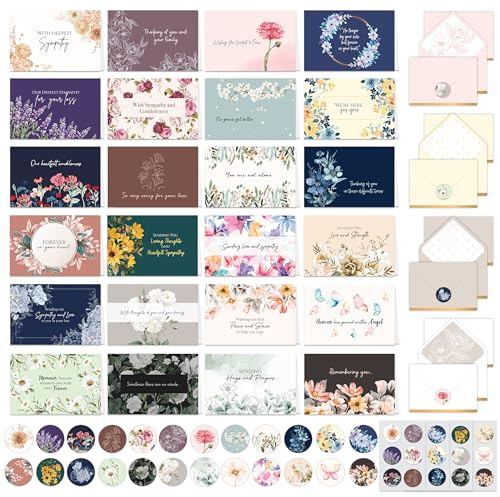 Decorably 24 Pack 6x4in Assorted Sympathy Cards with Envelopes and Stickers, 24 Unique Designs Sympathy Cards Assortment Box with Envelopes with Printed Message Inside - Bereavement, Condolences