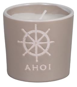 Maritimes Steingut-Geschirr in beige – Echtwachs-Kerze, Steuerrad | Mix & Match Serie aus Keramik - nautische Motive zum Kombinieren - Küchenzubehör, Geschenkartikel – Seaside No.64