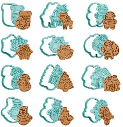 CAREDGO 12 PCS Emporte Pièces Noël, 3D Moule Biscuit Emporte Pièces 3D en Plastique Moule Cookie Pâtisserie Tampon Biscuit Noel Emporte-pièces 3D Moule à Biscuits pour Biscuits Pain Fondant Cookie