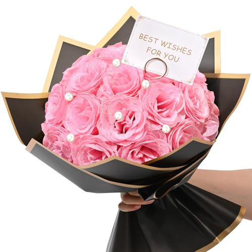Waipfaru Rosa Glitzer Rosen Blumenstrauß DIY gefälschter Blumenstrauß, künstlicher Rosenstrauß für Valentinstag Jahrestag Verlobung Hochzeit Muttertag Geschenke 24 Rosen
