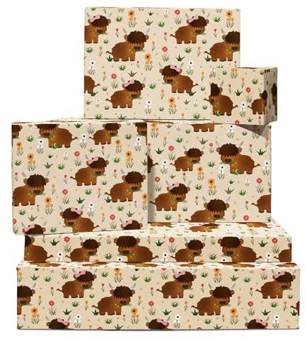 Central 23 - Geschenkpapier – 6 Blatt braunes Tier- und Blumenmuster – Hochlandkühe – Blumen – Mädchen-Geschenkpapier für Geburtstag, Jahrestag, Weihnachten – 70 x 50 cm – mit Aufklebern