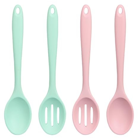 4 PCS Silicone Cooking Spoon Set Heat-Resistant Slotted Spoons Nonstick Kitchen Spoon Large Serving Spoons for Baking Mixing Draining Stirring Tools (Pink and Green)