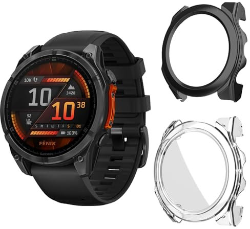 Aerku Funda Compatible con Garmin Fenix 8 47MM, 9H HD Anti-Choque Parachoques Anti-rasguños Protector Duro PC Marco Cristal Templado Protector de Pantalla Funda - Transparente&Negro