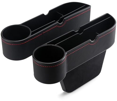 JZLEJC 2Pcs Car Seat Gap Filler Organizer, Warp-Around Leather, Black, Car Organizer with Cup Holders & Charging Hole, Car Storage for Phone, Sunglasses