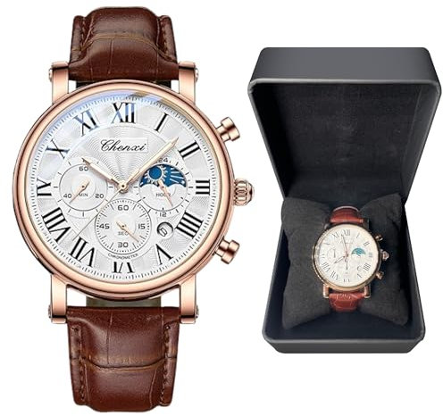Men's Luxury Chronograph Watch | Rose Gold 42mm | Brown Leather Strap | Moonphase Indicator | Multi-Dial Precision Timekeeping | Roman Numeral Dial | Gift Box Included | Professional Dress Watch