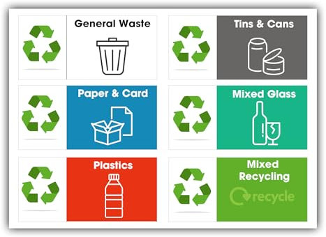 Addis Mixed Pack of 6 Multi Recycling Waste Bin Stickers, A4 Self Adhesive Labels for Waste Bins Food Plastics Paper Card Mixed Glass & General waste Each Label 14 x 6.5cm