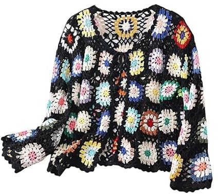 LIUYUYOUGO Cardigan Donna Cardigan Vintage all'Uncinetto da Donna Lavorato A Mano con Motivo Granny Square Bolero Traforato Annodato Davanti Top Corto Boho Giacca Estiva Leggera Maglia