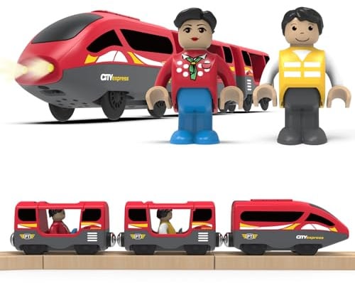 DxxD Eisenbahn Elektrische lok Holzeisenbahn Zug, Batteriebetriebenes Lokomotivzug mit Frontscheinwerfern und Sound, Zugset Kompatibel mit Brio, Thomas, Spielzeugauto Junge Kinder ab 3 Jahren, Rot