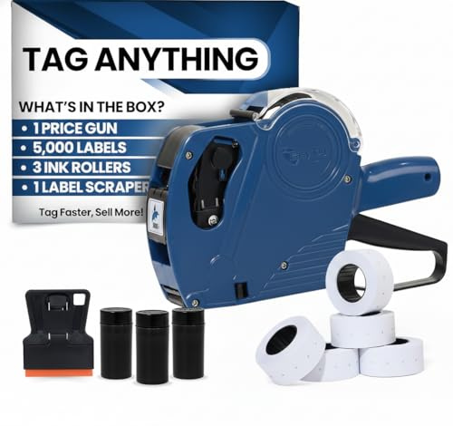 Easy Tag Lite Price Gun, 8 Digits 5500EOS Pricing Gun with 5,000 White Label Stickers, 3 Ink Rollers, 1 Scraper, Price Guns for Retail, Yard Sale (Blue)