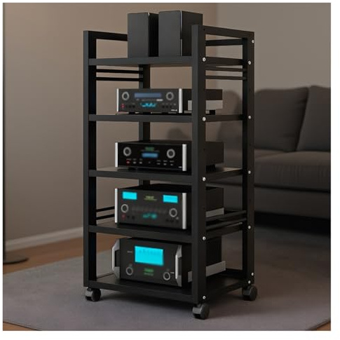 Audio HiFi Regal Rack 5-stufiger HiFi-Medienständer, beweglicher AV-Komponentenschrank mit höhenverstellbaren Holzregalen for Wohnzimmer und Heimkino, ideal for CD-Player und Stereoanlage.(Schwarz)