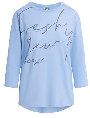 SOCCX Damen Rundhalsshirt mit Artwork und verkürzten Ärmeln Blue Heaven, XXL