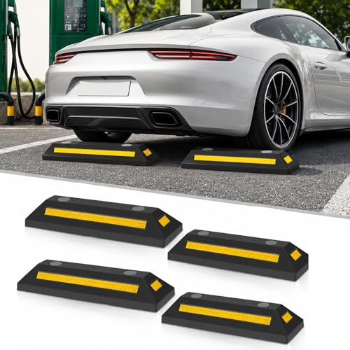 Vkechh 4 Stück Gummi Radstopper Parkplatzbegrenzer 54 x 10 x 15 cm mit gelben Reflexstreifen & Schraubrillen für Garage, Einfahrt und Parkplatz, Innen und Außen