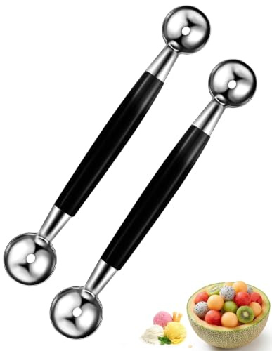 Zeayebsr 2 pcs Bifacciale Frutta Melone Sfera Paletta Acciaio Inossidabile 2 in 1 Anguria Gelato Melone Paletta,paletta per gelato,Scavino per palline melone，Inox