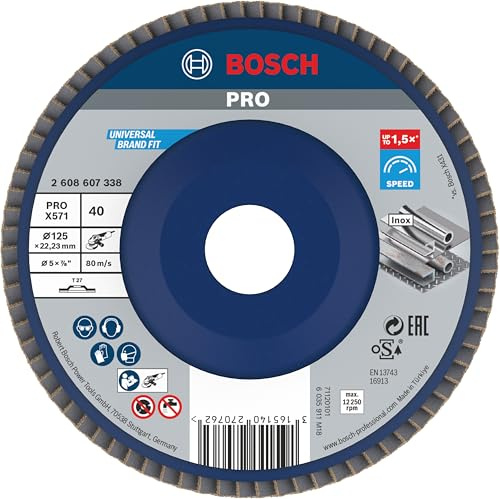 Bosch PRO X571 Fächerschleifscheibe, gerade, 125 mm, K40 | für Stahl, Edelstahl, Körnung 40, Professional Zubehör Kleiner Winkelschleifer