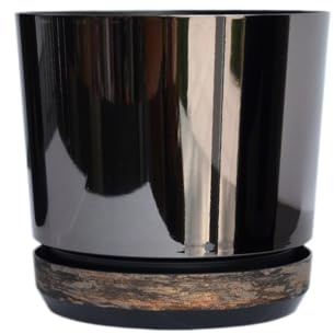 KERD Blumentopf 32 cm Duo Schwarz + Rostige Rinde (DUO/088/032), dekorativ, hochwertig, aus Recycling, mit Drainage, mit Untersetzer, handbeklebt, Spiegeleffekt, Hochglanz, modern, glamourös