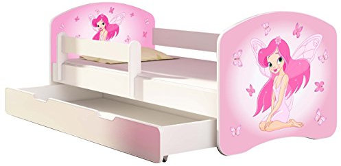 Kinderbett Jugendbett mit einer Schublade und Matratze Weiß ACMA II 140 160 180 40 Design (160x80 cm + Bettkasten, 07 Rosa Fee)