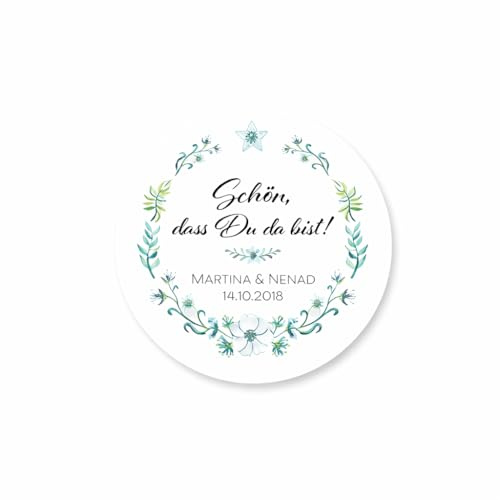 Personalisierte Aufkleber “Schön, dass Du da bist!” – 5 florale Designs – Weißer Hintergrund – 3 Größen (5/6/8 cm) – Für Gastgeschenke, Hochzeit, Taufe, Kommunion, Geburtstag