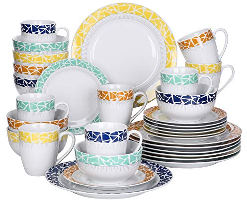 VEWEET Geschirrset 8 Personen, 32-tlg. Porzellan Tafelservice, Modernes Kombiservice mit Speisetellern, Desserttellern, Müslischalen & Kaffeebechern, Spülmaschinen- & Mikrowellengeeignet, Serie CECIL