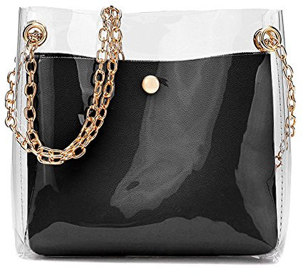 OYSOHE Damen Transparent Einfarbig Kette Umhängetaschen Handtasche + Clutch Portemonnaie Handtasche Schwarz Blau Rosa (One Size, Schwarz)