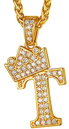 Suplight Men Letter Pendant with Chain, Rapper Chain 22 inch, King Crown Pendant Hip Hop Style Unisex Initial T Tennis Necklace Bling Alphabet Name Jewelry