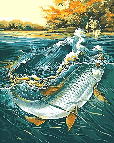Awesocrafts Paint by Numbers Kits, Underwater World Carp, Fishermen Fishing Number Painting for Adults and Kids 16x20 inch (Carp, No Frame)