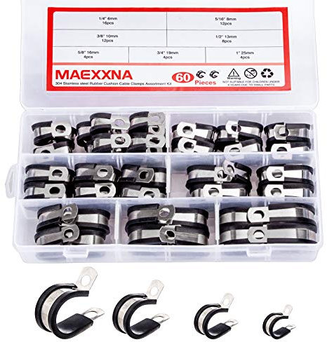Maexxna 60pcs Wire Clamps Assortment Kit, Stainless Steel 304 Rubber Cushion Cable Clamps Assorted in 7 Sizes 1/4'' 5/16'' 3/8'' 1/2'' 5/8'' 3/4'' 1'', Pipe Clamp Set for wiring, lines and hoses