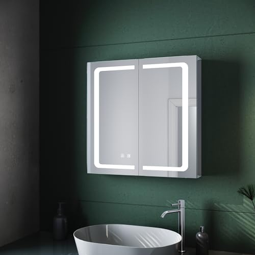 SUNXURY Badezimmer Spiegelschrank mit Beleuchtung 65x65cm mit Touchschalter LED Steckdose Beschlagfrei 3 Farbtemperaturen Hängend Aluminium Bathroom Mirror Cabinet