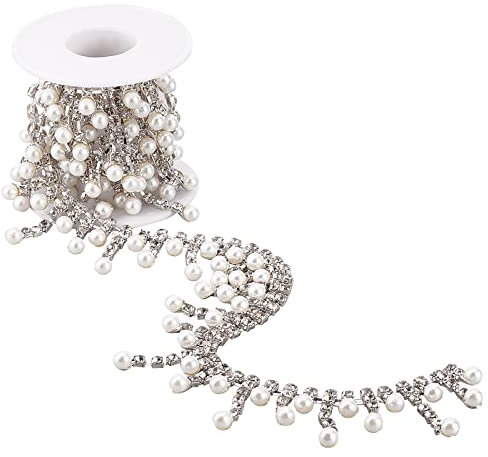 nbeads 1 Yard Perle Strass Quaste Trim, Nachahmung Perle Fransen Quaste Sparkle Kristall Strass Quaste Trim Band Strass Cup Ketten Für Hochzeit Braut Halskette Kopfbedeckung Nähen Kleid Dekoration