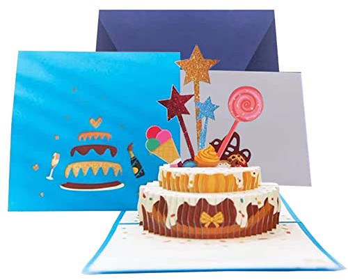 Tarjeta de felicitación 3D con diseño emergente en forma de tarta, tarjeta de felicitación con sobre, para amigos y familia (azul)