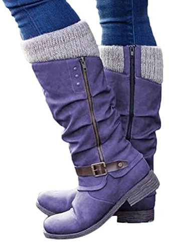 ORANDESIGNE Stivali Donna Alti Senza Tacco Scarponi in Cuoio Stivaletti da Neve Stivali Biker con Tacco Quadrato Stivali A Tubo Centrale in Tinta Unita con Cerniera D Viola 35 EU