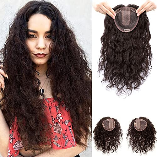 Eree Haar 35,5 cm flauschige lockiges Haar Top für Frauen, 12,7 x 14 cm U-förmige Seidenbasis menschliches Haar Top-Clip in natürlichen welligen Haaren Top Ersatz Hartteil linken Teil dunkelbraun