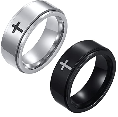 JewelryWe Schmuck 2pcs Fidget Angst Ringe Herren Edelstahl Kreuz Anti-Angst Spinner Ring Drehringe Roller Bandringe Stressabbauende Band Gravur Schwarz Silber Größe 57