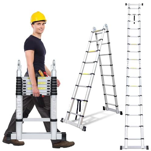 Yakimz 5M Teleskopleiter Klappleiter, Ausziehbar Mehrzweckleiter Aluminiumleiter, Tragbar Stehleiter Teleskop Bis 150 kg Belastbarkeit (2.5+2.5M)