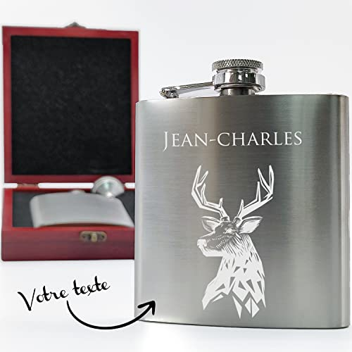 KDO MAGIC - Flasque alcool personnalisé - Flasque de poche personnalisable avec un prénom - 175ml - Couleur silver - Idée cadeau pour fête des pères, anniversaire, retraite et noël (Modèle Cerf)