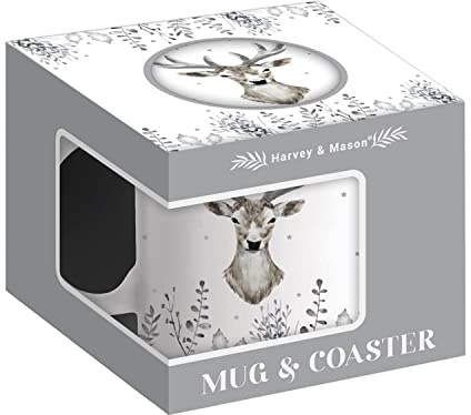 Harvey & Mason Festive Reindeer New Bone China Mug & Coaster Set Christmas Xmas Gift White Grey