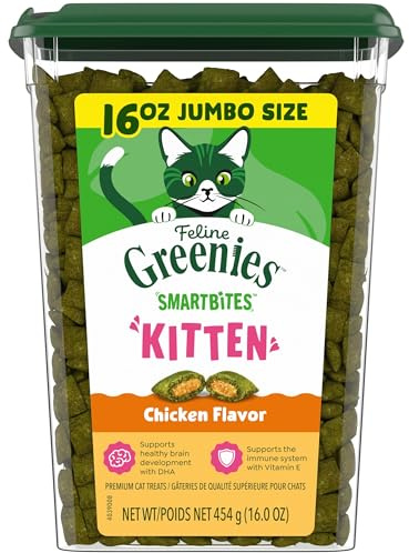 Greenies Feline Smartbites Healthy Kitten Treats for Indoor Kittens, Crunchy and Soft Natural Cat Treats, Chicken Flavor, 16 oz. Tub
