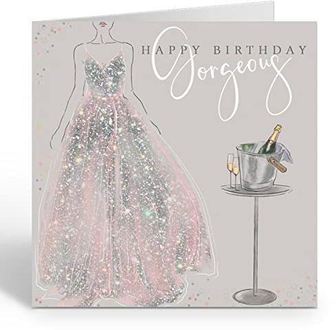 Geburtstagskarte für Frauen Happy Birthday Karte für sie in einem glitzernden Kleid mit Champagner Freund Geburtstagskarte weiblich – recycelbar Hergestellt in Großbritannien von Ruby Ashley®
